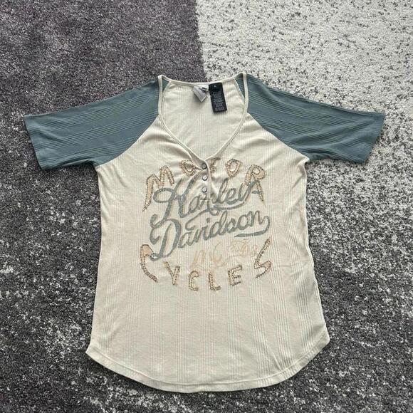 Harley Davidson Women's Short Sleeve Buttoned Raglan Shirt - Picture 1 of 4